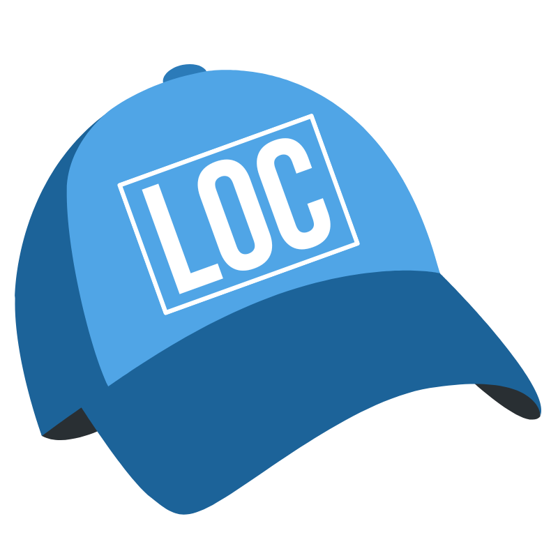 LocEssentials logo — two-toned blue baseball cap with LOC in white lettering